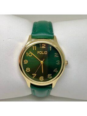 Folio gold tone women’s watch green dial leather band 34mm quartz analog running